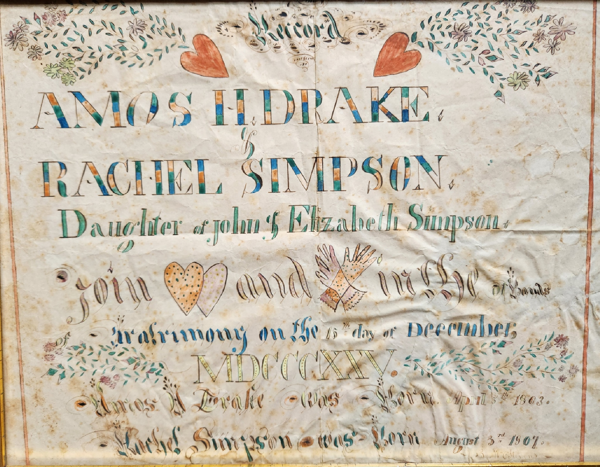 1825 New Jersey Marriage Fraktur